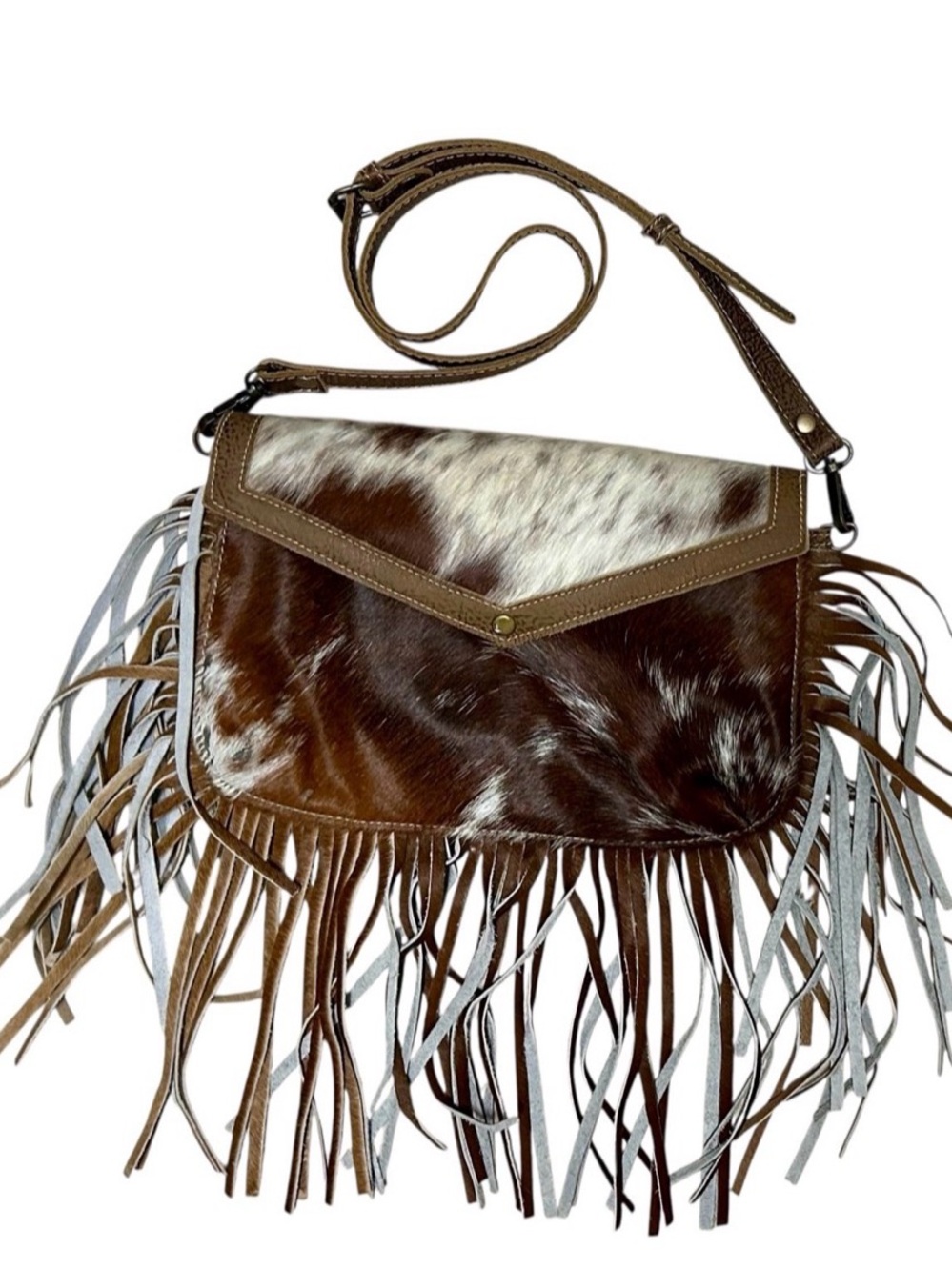 MYRA Fringe Cowhide Crossbody Bag - Brown/White w/ matching key chain - Picture 1 of 6